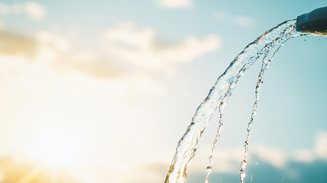 parabola. A single jet of water arches gracefully from a fountain against a bright sky. travel magazines, destination branding, designed for outdoor magazines and nature guides.