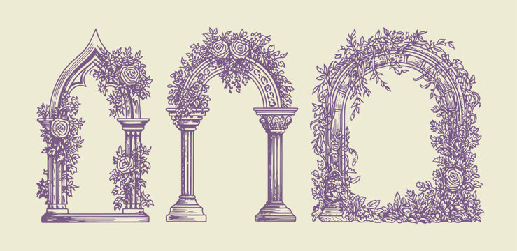 Gothic window frame vector set with hand drawn medieval cloister arch borders, floral vines and flowers, vintage fantasy castle portal design for wedding invitations, stationery, and decorative prints