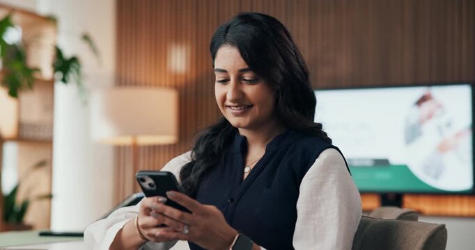 Woman, phone and reading in office with typing, email response and problem solving for business. Creative, project management and idea in event agency with decision, brainstorming and feedback