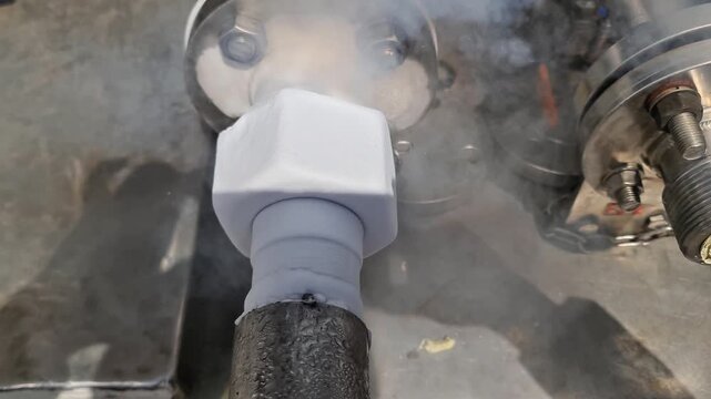 Frozen metal coupling during liquid nitrogen transfer. Professional industrial connector with ice condensation and white steam, 4K macro footage.