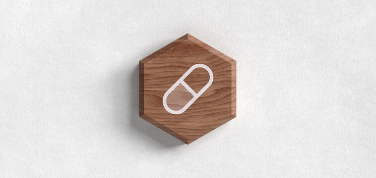 Medizinische Kapsel Tablette Pharmazeutik Icon Holz Hexagon Header f&uuml;r Apotheke