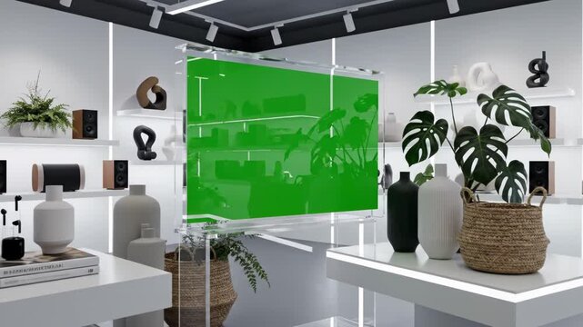 Modern office workspace with green glass board and decorative plants.