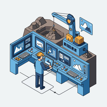 A mining control room operator monitors operations on multiple screens, overseeing automated extraction and data analysis.