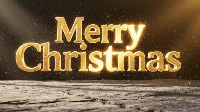 Golden Merry Christmas text with festive sparkling background on wooden surface.