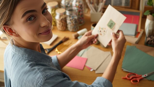 Craft maker at desk preparing a stamped envelope surrounded by paper supplies