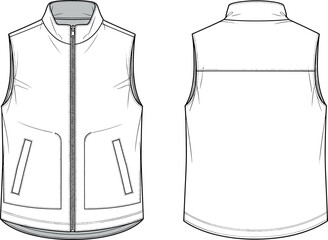 Technical flat sketch of a sleeveless men zip-up vest puffer gilet jacket front and back view for fashion design template © DALIARA 
