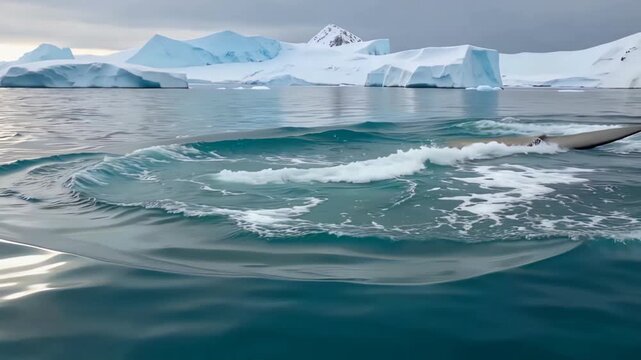 Whale tail emerging from icy ocean near large icebergs in polar region.