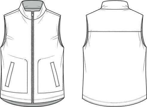 Technical flat sketch of a sleeveless men zip-up vest puffer gilet jacket front and back view for fashion design template
