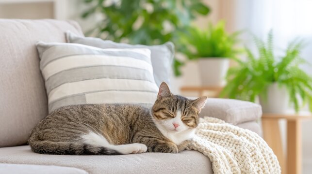 Tabby cat relaxing on cozy sofa with knit blanket and indoor plants