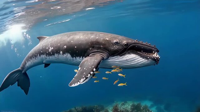 Close-up of a humpback whale swimming underwater with small fish nearby.