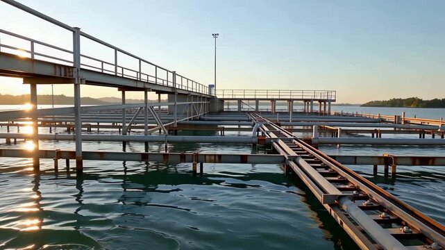 Empty wooden pier and walkway extending over calm lake water during sunset.