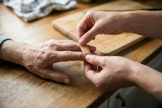 Woman putting a plaster on elderly person's finger