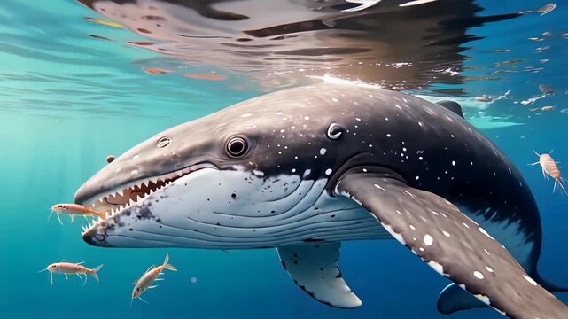Close-up of a whale shark swimming underwater with small fish around it.