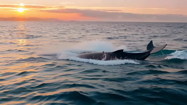 Dolphins swimming and jumping in the ocean at sunset.