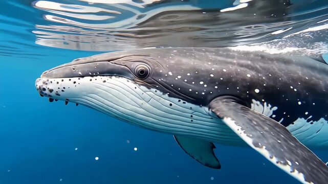 Close-up of a humpback whale swimming underwater in clear blue ocean.
