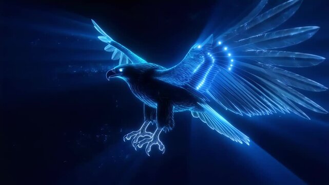 Futuristic digital eagle with glowing blue neon wings in flight.
