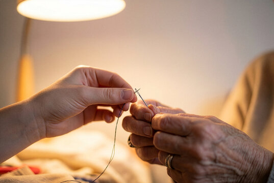 Grandmother teaching granddaughter to thread a needle for sewing
