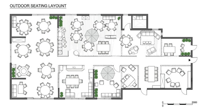 Outdoor seating layout plan for restaurant or cafe with tables and chairs arranged in various configurations, Generative AI.