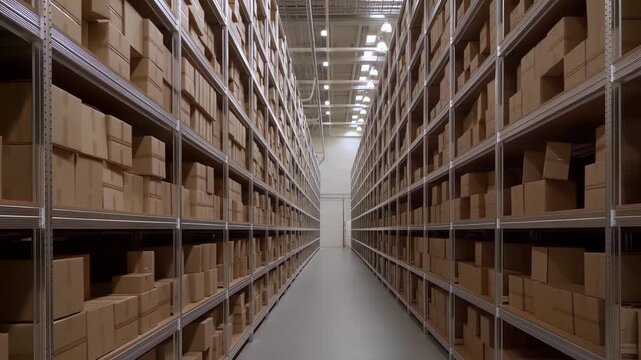 Long aisle with shelves full of cardboard boxes in a large warehouse storage facility.