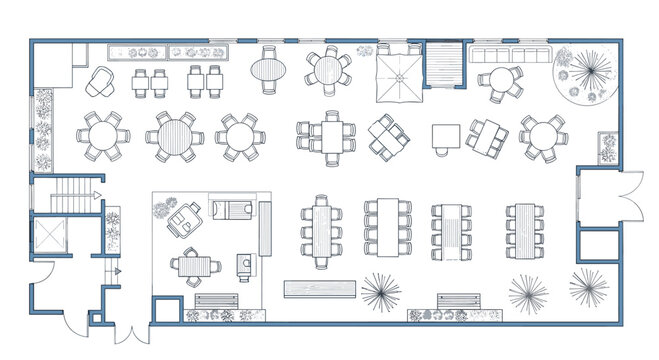 Floor plan of a large office space with multiple rooms and furniture, Generative AI.