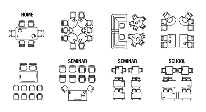 A set of various room layouts and seating arrangements for different settings like home seminar and school illustrated in a line drawing style, Generative AI.