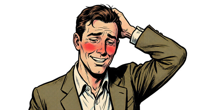 Man in suit with embarrassed expression.