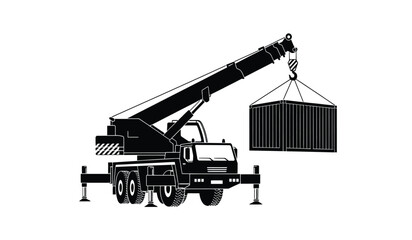 A heavy duty mobile construction crane lifting a rectangular freight container with steel cables © ARSM D