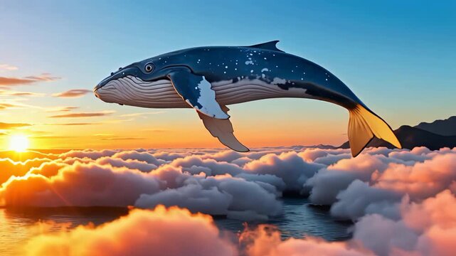 Surreal image of a whale swimming above clouds at sunset.