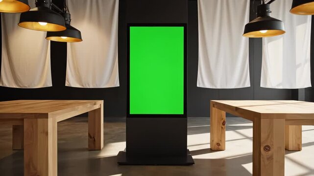 Modern indoor seating area with digital display and hanging lights.