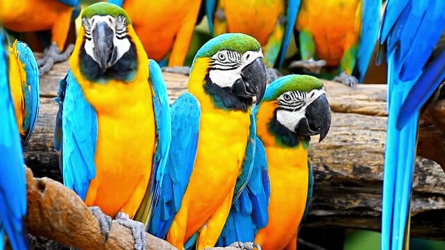 Adorable HD shot of Flock of colorful vibrant  Blue and Yellow Macaws perched on wood. 