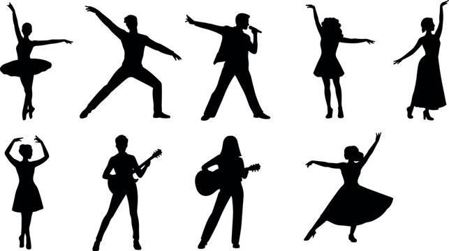 Silhouettes of dancers and musicians performing various artistic poses isolated on white background, ballet, guitar players, singer, dynamic movement collection