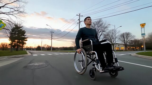 Man in wheelchair moving on an empty road during sunset.