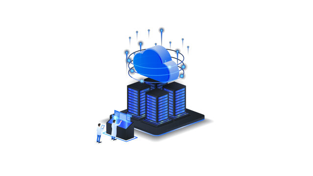 Cloud computing isometric vector illustration. Cloud data center with engineer server and digital infrastructure technology.