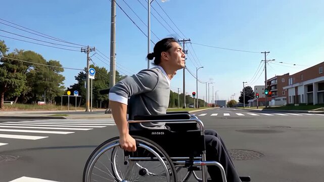 Man in wheelchair crossing an urban street on a sunny day.