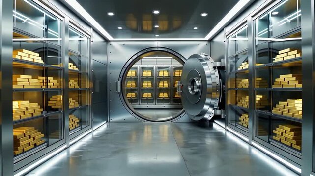 Secure vault room filled with stacks of gold bars in metal shelves.