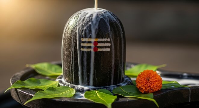 Masik Shivaratri A close-up shot of a black stone Shiva Lingam being anointed with a stream of milk and water, intricate textures of the stone visible