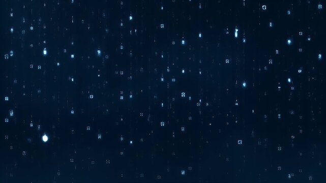 Abstract glowing blue characters falling like digital rain on a dark navy background