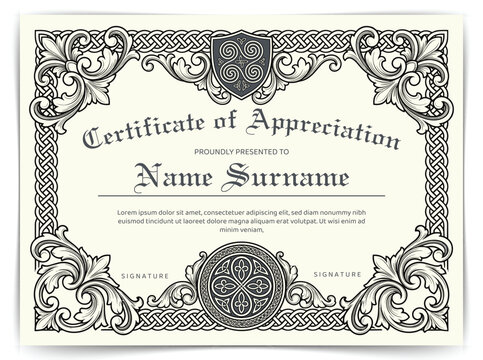 Vintage Certificate of Appreciation Template with Ornate Baroque Border and Gothic Typography