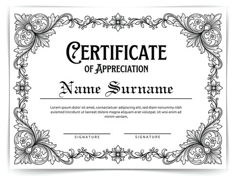 Vintage Certificate of Appreciation Template with Ornate Baroque Border and Gothic Typography