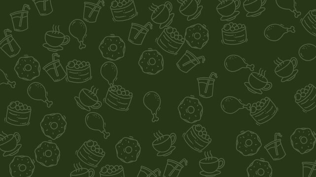 Pattern of food item icons on dark background. Ideal for food blogs, menus, packaging design, and restaurant promotions, recipe cards.