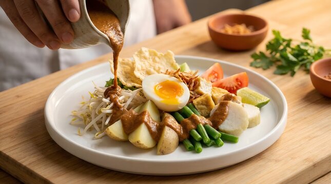 Gado Gado Indonesian Food with Peanut Sauce and Fresh Vegetables Being Served