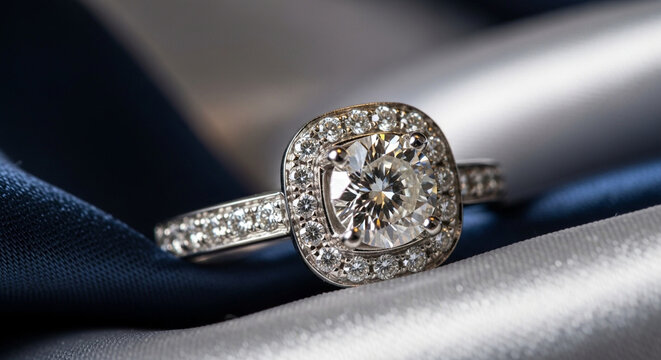 A sparkling diamond engagement ring with a halo setting and pav&eacute; band, resting on elegant silk fabric.