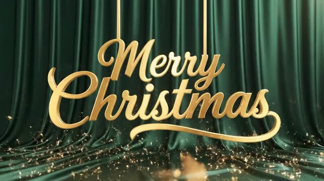 Elegant Merry Christmas Greeting with Gold Text and Festive Green Curtain Background.