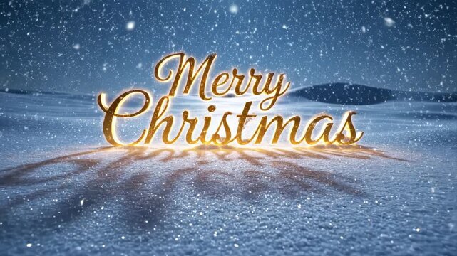 Golden Merry Christmas text on snowy winter landscape with falling snowflakes.