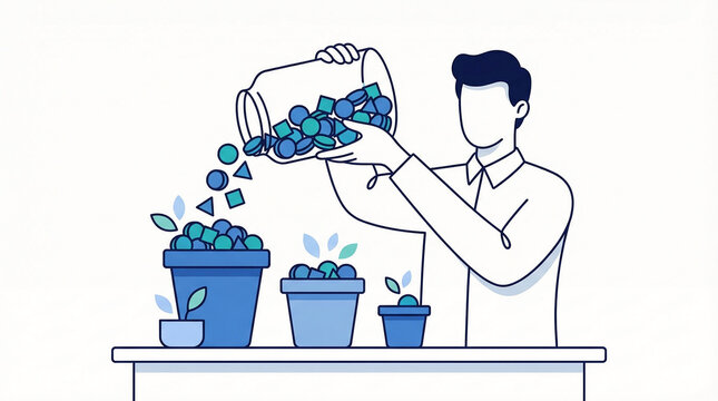 Illustration of focused man pouring blue objects from pot into another container on table tending plants in simple indoor setting