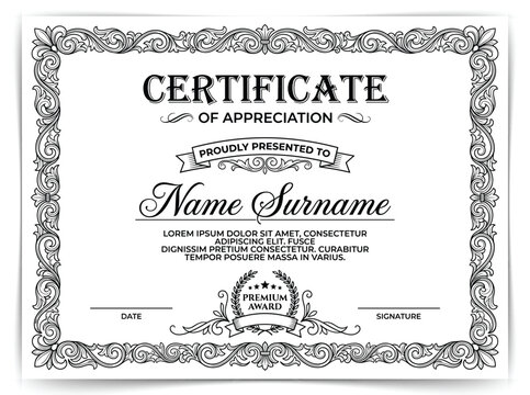 Vintage Certificate of Appreciation Template with Ornate Baroque Border and Gothic Typography