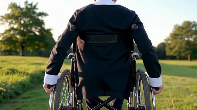 Businessman in wheelchair outdoors enjoying a sunny day in park.