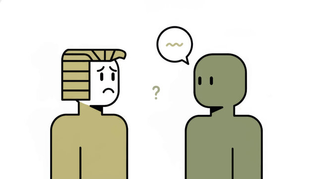 A minimalist illustration of an awkward social moment. Vector graphic depicting communication breakdown and misunderstanding. Confused characters in a flat design style