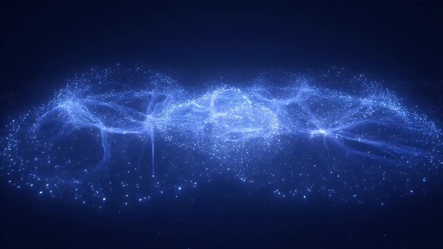 Dark blue cosmic backdrop, glowing ethereal energy filaments and particle clouds, scattered stars