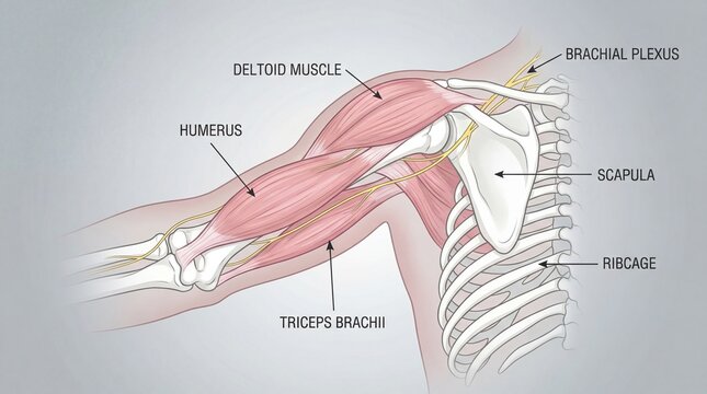 Detailed anatomy of human shoulder with labeled muscles and bones